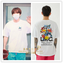 韩国代购李赫宰银赫同款LMC男女蓝蝴蝶百合花中长直筒休闲短袖T恤