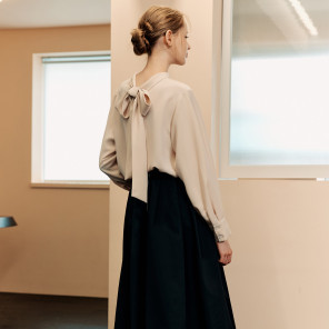 韩国代购直邮ZEROSTREET正品折扣24秋优雅后系带半高领泡泡袖衬衫
