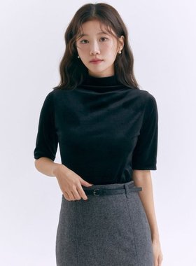 韩国代购直邮ROEM五折清仓女款半高翻领秋冬五分袖金丝绒简约衬衫