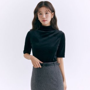 韩国代购直邮ROEM五折女款半高翻领秋冬五分袖金丝绒简约衬衫