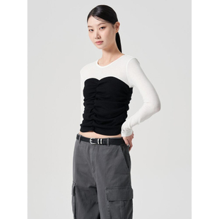 韩国代购直邮8秒8seconds正品24折扣春夏显瘦拼色抽皱长袖短T恤