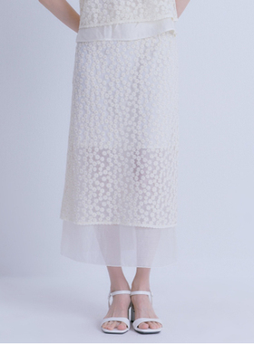 韩国代购直邮ROEM五折清仓春夏百搭刺绣小花双层薄纱长款半身裙