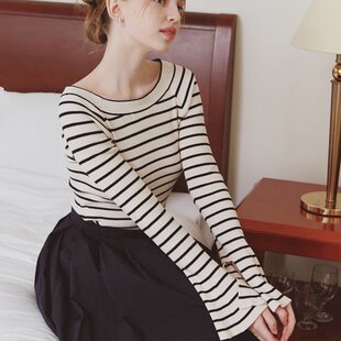 韩国代购直邮ZEROSTREET正品折扣低圆领横条纹开口袖针织套头衫