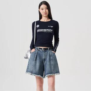 韩国代购直邮8SECONDS8秒正品24清仓休闲宽松流苏边潮流短牛仔裤