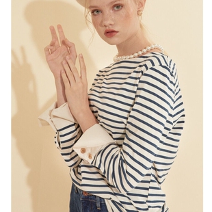 韩国代购SALON DE YOHN七折撞色马蹄衬衫袖口横条长袖时尚女士T恤