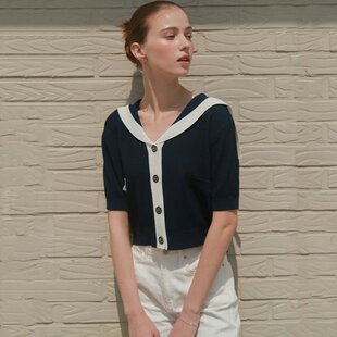 韩国代购直邮ZEROSTREET正品折扣拼色海军领五分短袖针织衬衫