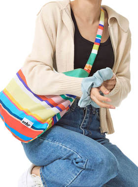 韩国代购直邮sehr正品2025休闲彩色条纹购物单肩便携帆布包