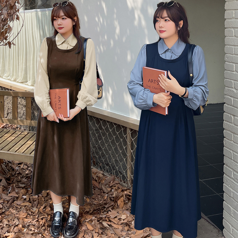 胖女孩假两件气质女裙复古氛围感