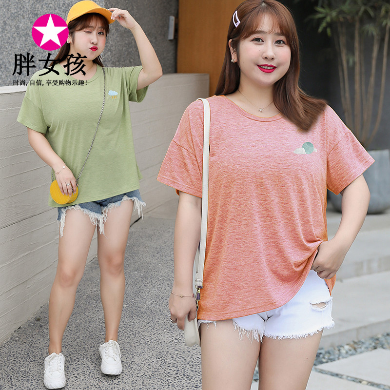 胖女孩超大码女装可爱天气刺绣t恤2021夏新款韩版休闲