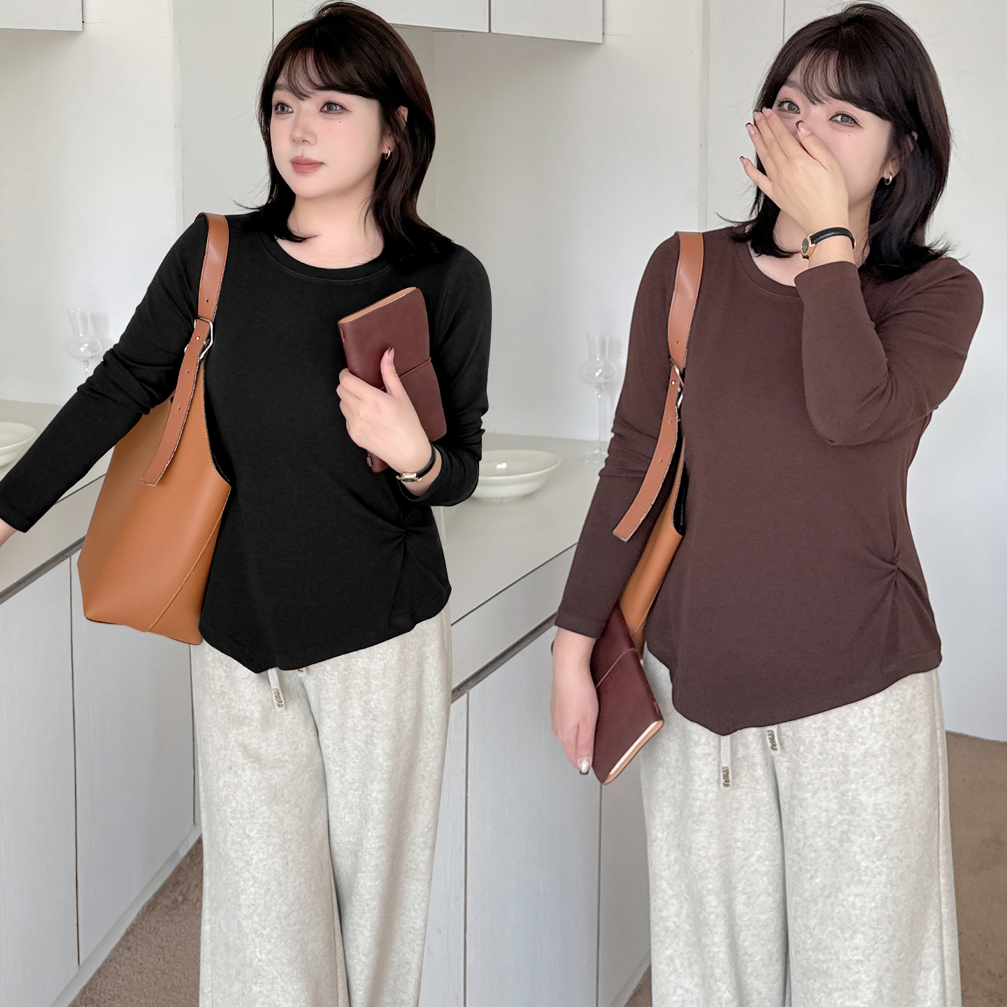 胖妹妹加大码秋冬胖MM气质内搭慵懒风捻褶打底衫叠穿纯色上衣T恤