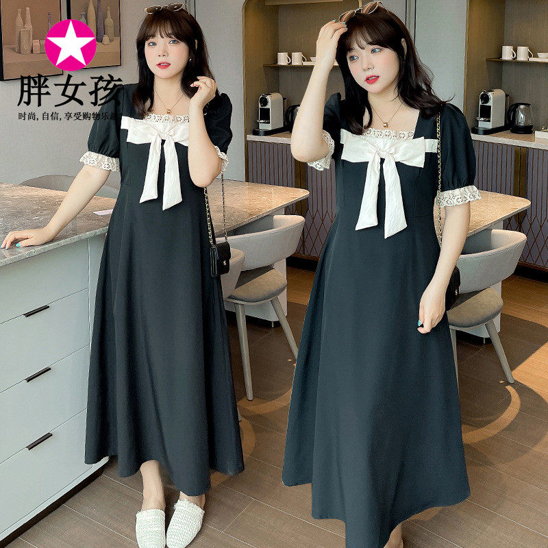 胖妹妹夏装新品可可小黑裙胖mm加肥蝴蝶结连衣裙显瘦方领短袖女裙