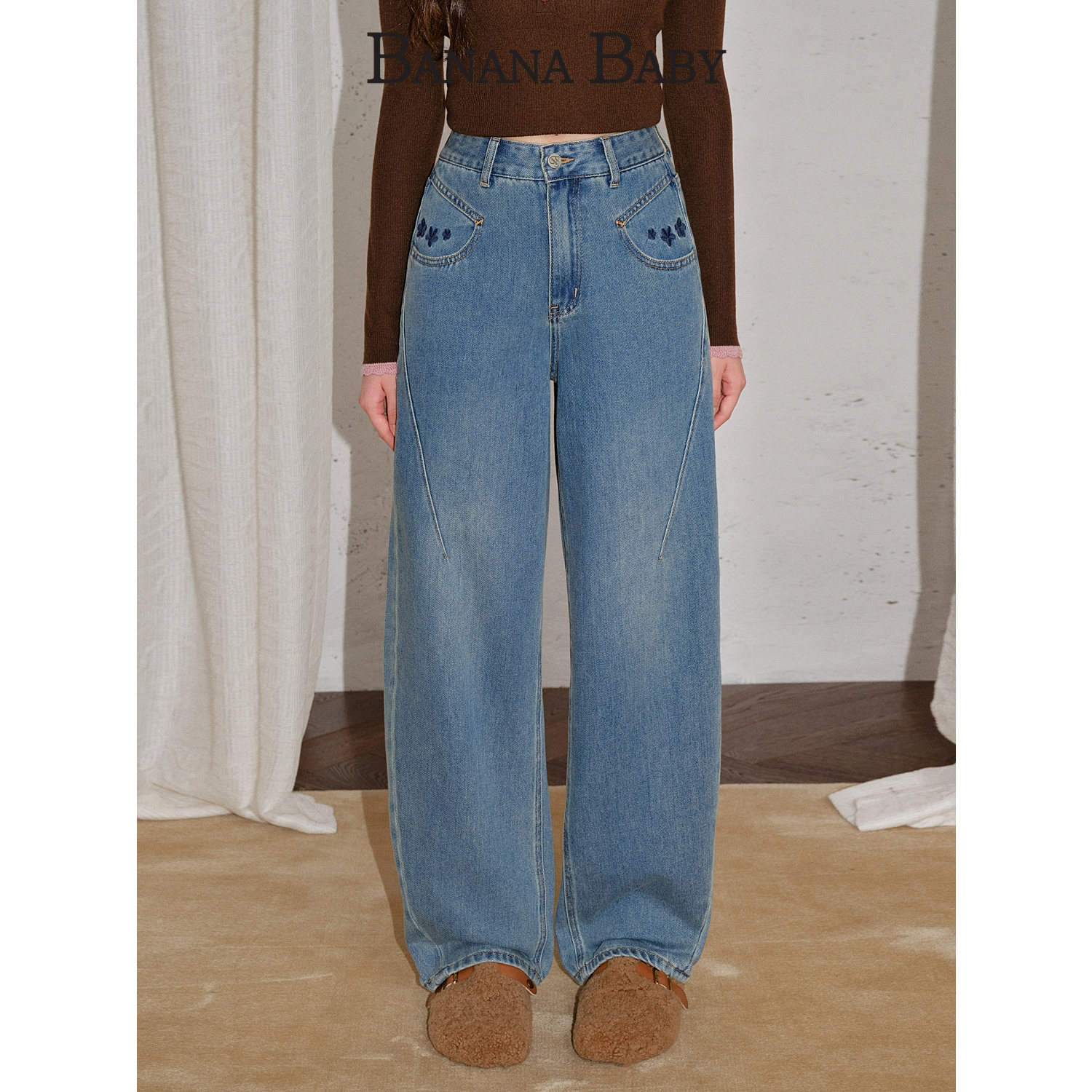 BANANA BABY2025年冬季新款美式复古刺绣牛仔裤女磨毛