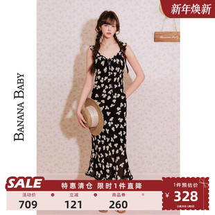 BANANA 人丝乔其度假风连衣裙女荷叶边V领长裙 BABY2025年新款