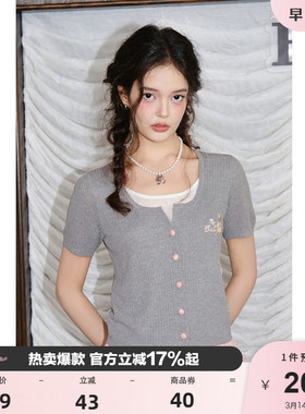 【玫瑰小兔】BANANA BABY2026年春季新款撞色刺绣针织衫女假两件