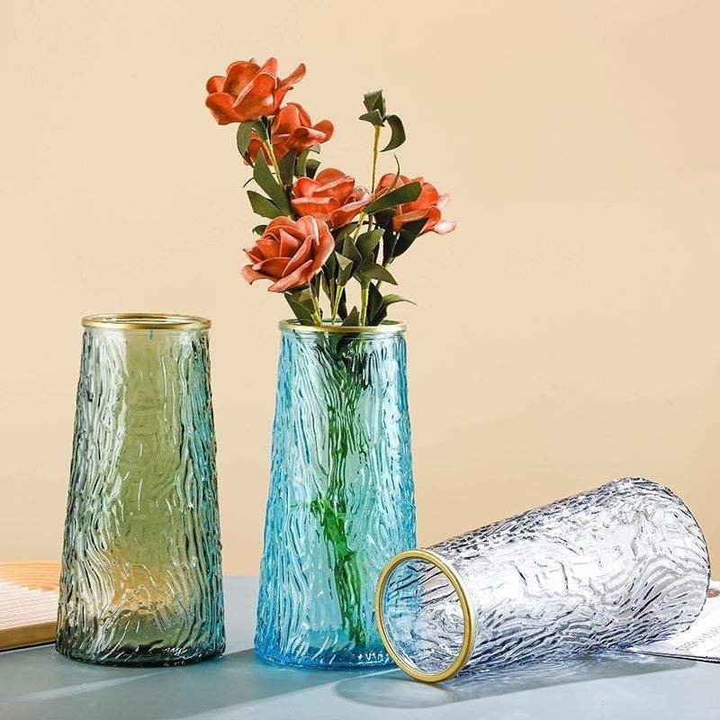 包邮描金花瓶摆件客厅简约玻璃插花瓶北欧创意冰川纹家居装饰瓶