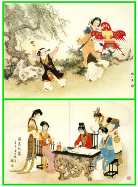 80项维仁仕女惜春作画放风筝工笔画白描底稿人物线描画稿横幅