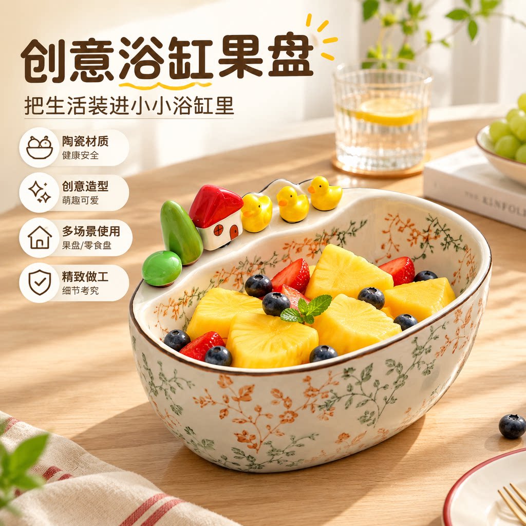 陶煲王浴缸果叉收纳碗陶瓷套装田园碎花小黄鸭桌面摆件送六支果叉