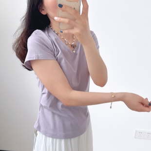 美式复古V领纸片人设计感掐腰修身显瘦遮肚腩正肩短袖T恤女 上衣