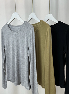 极简风舒适百搭再生纤维素羊毛混纺软糯细腻无缝圆领长袖T恤 上衣