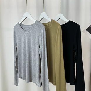 极简风舒适百搭再生纤维素羊毛混纺软糯细腻无缝圆领长袖T恤 上衣