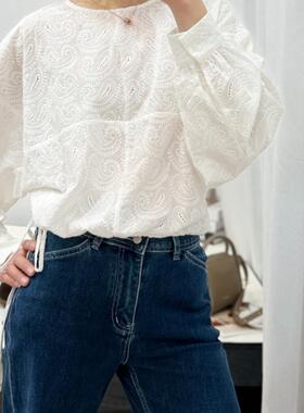 北欧单再生棉镂空刺绣小众圆领衬衫极简风抽绳长袖女短款遮肉衬衣
