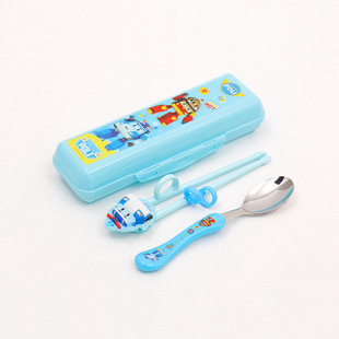 韩国进口正品托马斯警车勺筷盒套装宝宝学习筷外出便捷餐具三件套