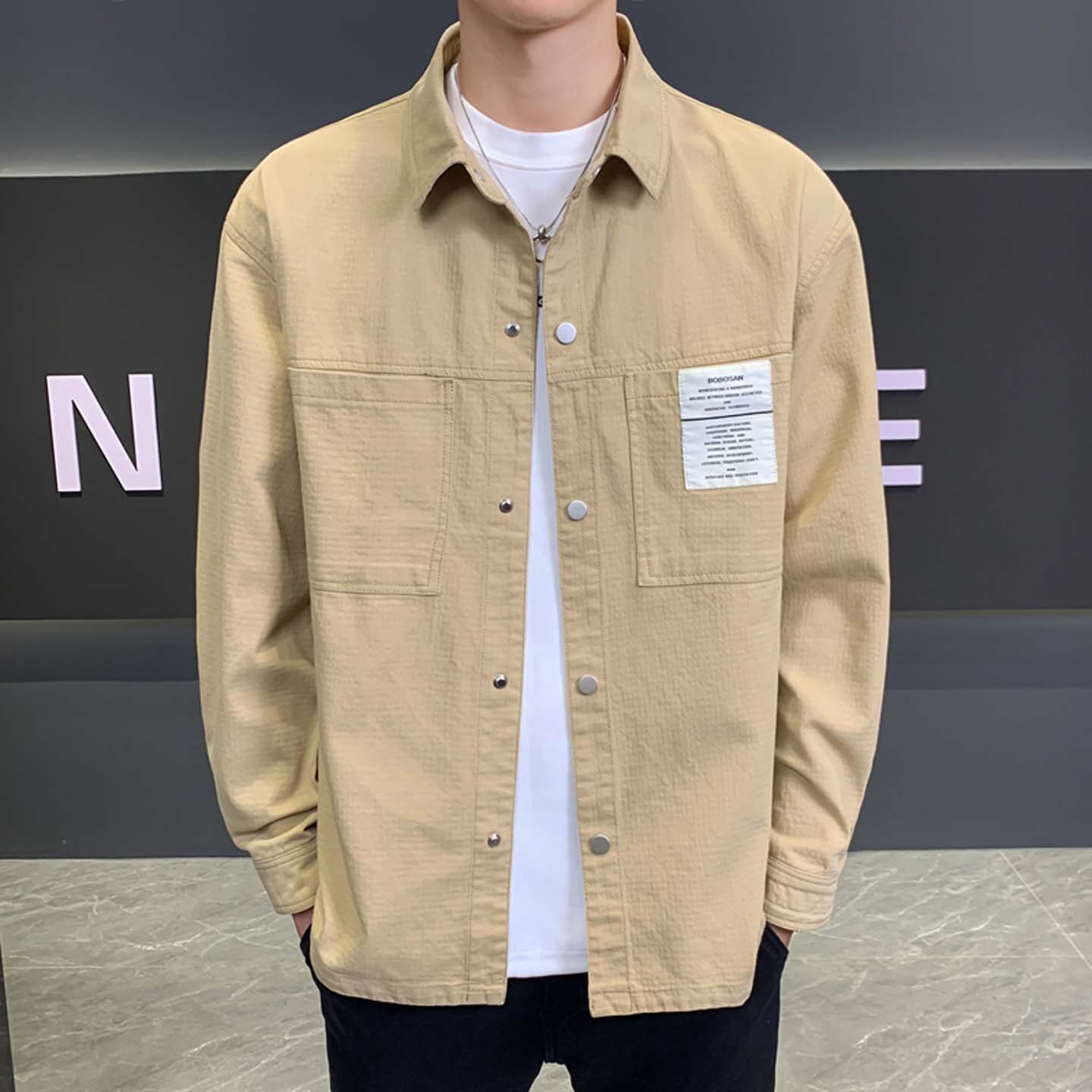 春秋季新款男士工装纯棉夹克外套薄款潮流衬衫式翻领宽松长袖衬衣