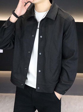 工装行政外套男士2025春秋季商务休闲宽松上衣翻领纯色简约夹克衫
