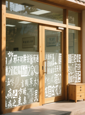 定制设计中医针灸药材典籍创意中医学术语文字玻璃橱窗磨砂贴纸画