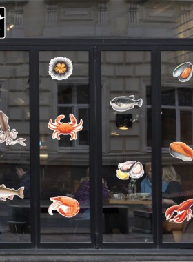 龙虾螃蟹海鲜餐厅饭店静电墙贴纸