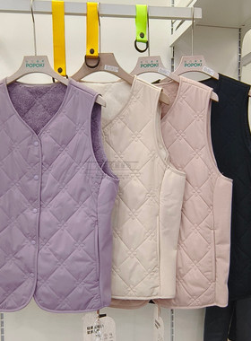 POPOKI秋冬绵羊毛极暖马甲女短款保暖背心外穿宽松马甲坎肩6022