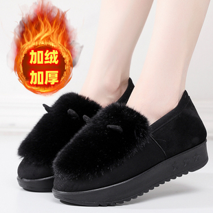 冬季老北京布鞋松糕底厚底女棉鞋加绒加厚一脚蹬毛毛鞋软底妈妈鞋