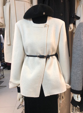 韩版亚拉高级感纯色一粒扣双面羊毛呢短外套小西装100%羊毛大衣女