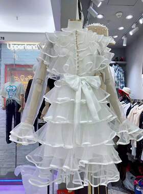 欧洲站2021早春新款女装长袖连衣裙气质欧根纱捆边层层蛋糕裙