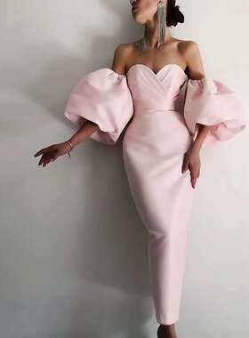 2020秋新品欧美性感裹胸露背修身礼服亮缎面灯笼袖派对主持连衣裙