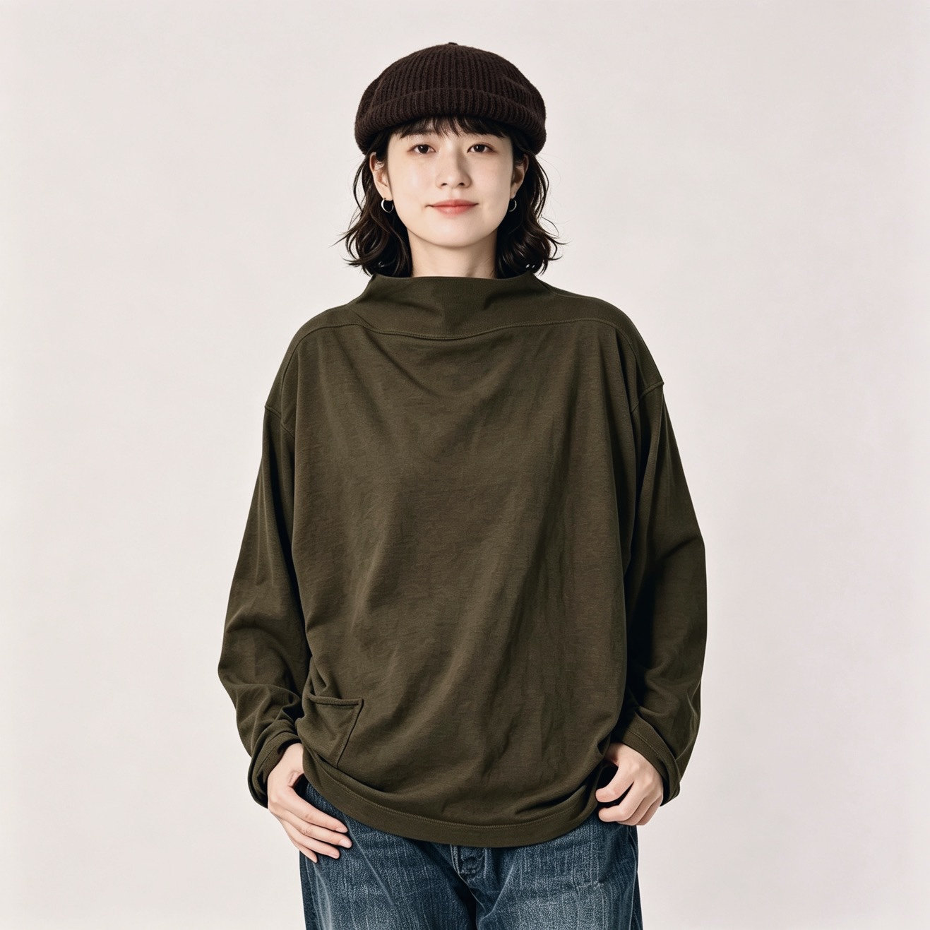 日系新贵R微高领长袖T恤女