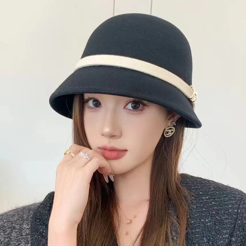 法式赫本风黑色羊毛呢礼帽盆帽女秋冬时尚洋气撞色蝴蝶结渔夫帽子