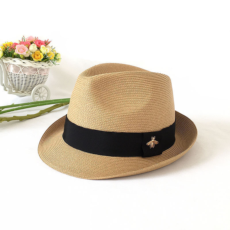 日本细草女式草帽子时尚潮帽小沿卷边礼帽爵士帽男防晒遮阳太阳帽