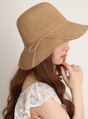 日本手工钩针拉拉草帽可折叠遮阳帽子女夏天防晒渔夫帽出游太阳帽