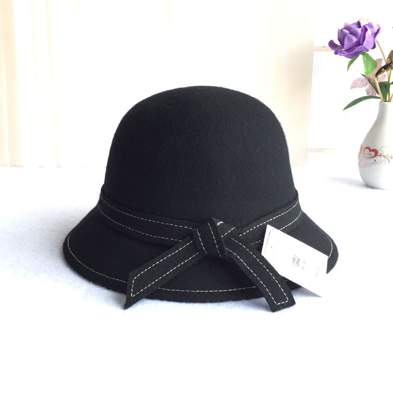 日系秋冬天毛呢帽子女韩版圆顶小礼帽黑色毡帽蝴蝶结渔夫帽盆帽女