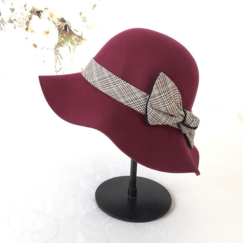 秋冬天羊毛呢渔夫帽子韩版百搭优雅蝴蝶结波浪边圆顶小盆帽礼帽女