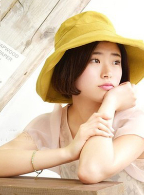日本新款女士帽子女夏天 可折叠棉麻布帽 大沿渔夫帽女太阳帽凉帽