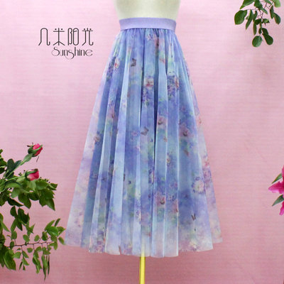 超仙浅紫花蝶印花裙仙女大摆裙