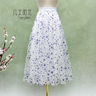 2026春夏清新纯白蓝色波点裙大摆纱裙中裙 A字垂感显瘦半身裙长裙