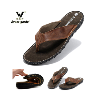 先驱者日常休闲男士牛皮凉拖鞋夹脚人字拖鞋夏季男鞋潮流沙滩鞋男