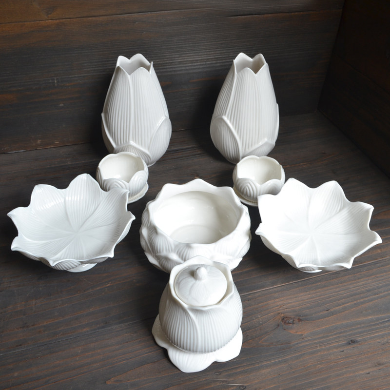 白瓷全套装佛具用品摆件供佛莲花香炉家用供奉前陶瓷果盘水杯花瓶