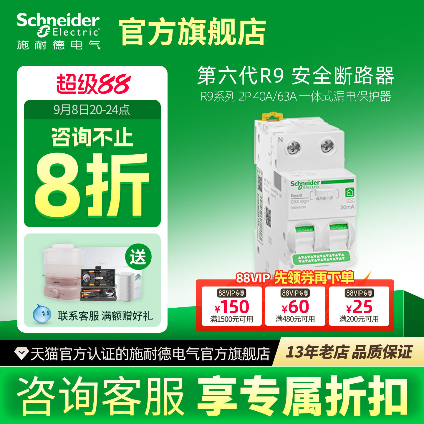 施耐德漏电保护断路器R9 Vigi+ 2P40A63A紧凑型总开关总闸