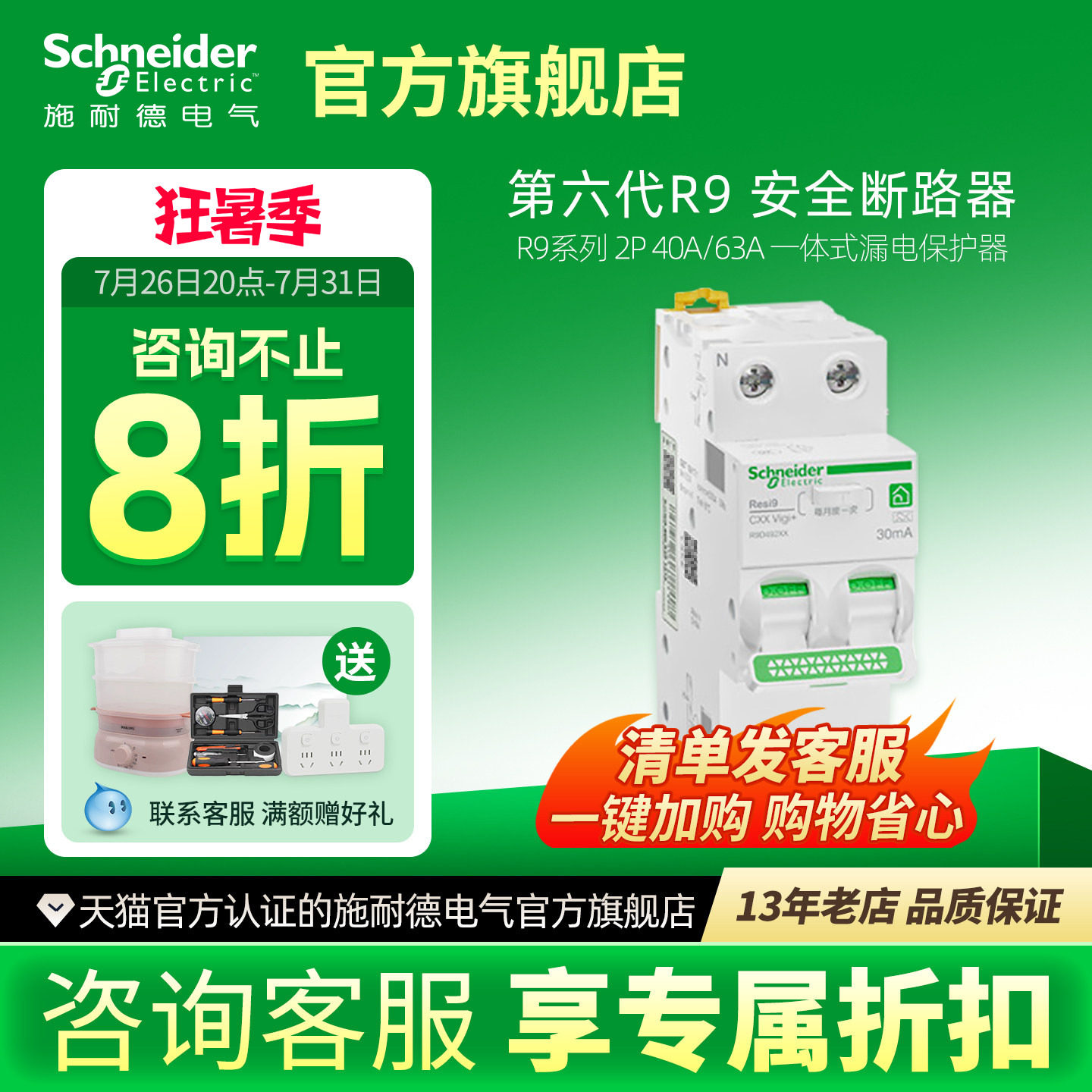施耐德漏电保护断路器R9 Vigi+ 2P40A63A紧凑型总开关总闸