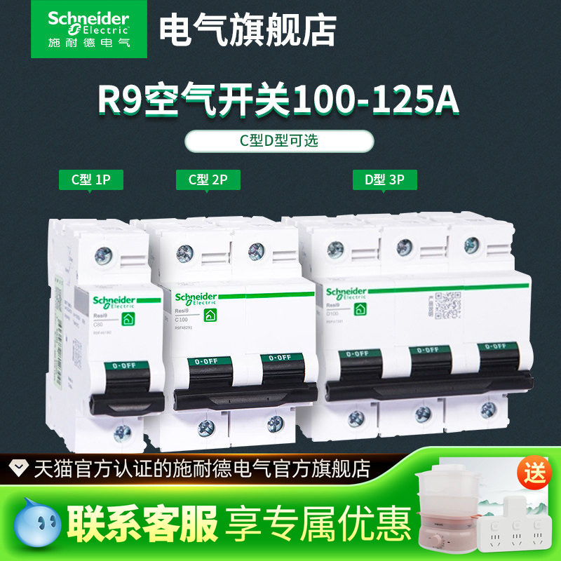 施耐德空气开关家用微型断路器R9系列C型D型2P100A125A家用电闸