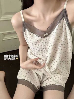 高级感碎花蕾丝花边睡衣女夏季套装新款纯欲风吊带短裤印花家居服